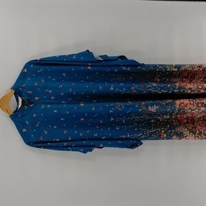 Rhapsody by Glazier-Chicago teal house coat large floral zip up angled sleeve